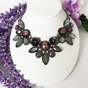 Purple and olive green statement necklace flowers